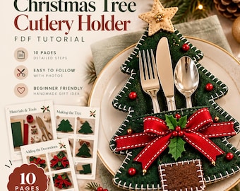 May include: A Christmas tree-shaped felt cutlery holder with white stitching, a beige star topper, and a red ribbon bow. The holder contains a silver fork, knife, and spoon. Text includes "Christmas Tree Cutlery Holder" and "10 Pages".