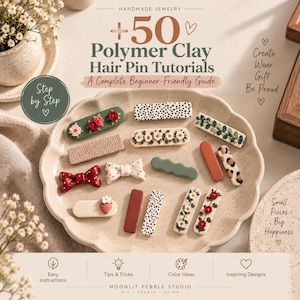 May include: A collection of polymer clay hair pins in various shapes, colors, and patterns, including floral, polka dot, and bow designs, displayed on a scalloped ceramic plate. The text reads +50 Polymer Clay Hair Pin Tutorials.