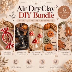 以下が含まれることがあります： 5つのチュートリアルを含むAir-Dry Clay DIY Bundleデジタルガイド。画像には、赤と白のキャンディ型の小物入れ、黒い魔女の帽子型の皿、赤いキノコのオーナメント、ハロウィンのカボチャのオーナメント、ジンジャーブレッドマンのオーナメントが写っています。