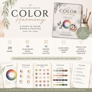 Może przedstawiać: Cyfrowy przewodnik zatytułowany The Ultimate Guide to Color Harmony: A Guide to Color Mixing & Palettes. Zawiera 29 stron, 10 kolekcji przepisów na mieszanie kolorów, 10 palet, koło barw oraz wskazówki dla artystów, projektantów i twórców.