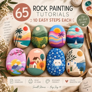 May include: A digital guide titled 65 Rock Painting Tutorials with 10 Easy Steps Each, featuring eight painted stones displaying colorful landscapes, flowers, animals, and cottages. The guide includes icons for digital download, print at home, and beginner friendly.