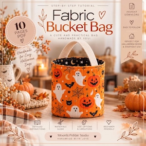 May include: A digital tutorial document for a fabric bucket bag featuring a quilted orange exterior with a Halloween pattern of white ghosts, black bats, orange pumpkins, and black spiderwebs. The bag has a single cream-coloured fabric handle.