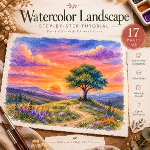 May include: A 17-page watercolour landscape tutorial featuring a sunset scene with a central tree, rolling hills, and a winding path. The text reads Watercolour Landscape Step-by-Step Tutorial Paint a Beautiful Sunset Scene and Moonlit Pebble Studio.