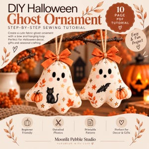 Puede incluir: Un tutorial de costura en PDF de 10 páginas para adornos de fantasmas de Halloween. La guía incluye instrucciones para crear fantasmas de tela con lazos para colgar y moños naranjas, decorados con motivos de gatos negros, murciélagos y calabazas.