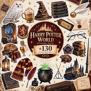May include: A Harry Potter World sticker pack featuring 130 stickers including a white owl, butterbeer mug, sorting hat, spell books, golden snitch, Platform 9 3/4 tag, Hogwarts letter, round glasses, Gryffindor crest, cat, potion, scarf, lantern, quill, ink, cauldron, Deathly Hallows symbol, chocolate frog, wand, and Hogwarts castle.