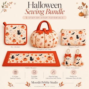 Halloween Sewing Bundle | 5 PDF  Pumpkin Tote Bag, Zipper Pouch, Table Runner, Pot Holder & Ghost Ornament |Step By Step Tutorials