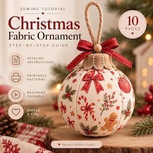 May include: A sewing tutorial for a Christmas fabric ornament, featuring a 10-page step-by-step guide. The ornament is a round, cream-colored fabric ball with red bows, candy canes, holly, and gingerbread men, topped with a red bow and jute loop.