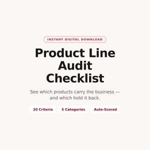 May include: A digital document titled Product Line Audit Checklist with the text Instant Digital Download at the top. It includes the subtitle See which products carry the business — and which hold it back, plus labels for 20 Criteria, 5 Categories, and Auto-Scored.