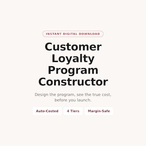 Może przedstawiać: Plik cyfrowy zatytułowany Customer Loyalty Program Constructor z tekstem Instant Digital Download na górze. Pod tytułem widnieje napis Design the program, see the true cost, before you launch. Trzy przyciski wskazują Auto-Costed, 4 Tiers, Margin-Safe.