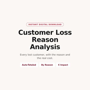 May include: A digital graphic with a light background featuring the text INSTANT DIGITAL DOWNLOAD, Customer Loss Reason Analysis, Every lost customer, with the reason and the real cost, and three buttons labelled Auto-Totaled, By Reason, and € Impact.