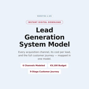 Könnte beinhalten: Ein digitales Dokument mit dem Titel Lead Generation System Model und dem Text Marketing & Ads, Instant Digital Download, 6 Channels Modeled, €9,100 Budget und 9-Stage Customer Journey. Der Text beschreibt ein Modell für Akquisekanäle und Kundenreisen.