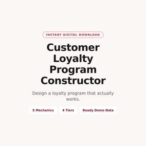 Op de afbeelding: Een digitaal document getiteld Customer Loyalty Program Constructor met de tekst Instant Digital Download bovenaan. Onder de titel staat de tekst Design a loyalty program that actually works. Drie vakken vermelden 5 Mechanics, 4 Tiers en Ready Demo Data.
