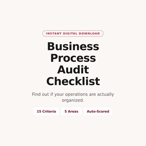 Op de afbeelding: Een digitaal document getiteld Business Process Audit Checklist met de tekst Instant Digital Download bovenaan. Het bevat de ondertitel Find out if your operations are actually organized en drie vakken met de labels 15 Criteria, 5 Areas en Auto-Scored.