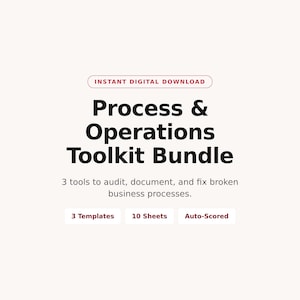 Puede incluir: Una descarga digital titulada Process & Operations Toolkit Bundle. El texto incluye: Instant Digital Download, 3 tools to audit, document, and fix broken business processes, 3 Templates, 10 Sheets y Auto-Scored sobre un fondo claro.