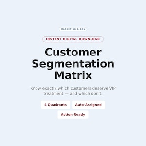 May include: A digital download graphic titled Customer Segmentation Matrix. Text includes Marketing & Ads, Instant Digital Download, Know exactly which customers deserve VIP treatment — and which don't, 4 Quadrants, Auto-Assigned, and Action-Ready.