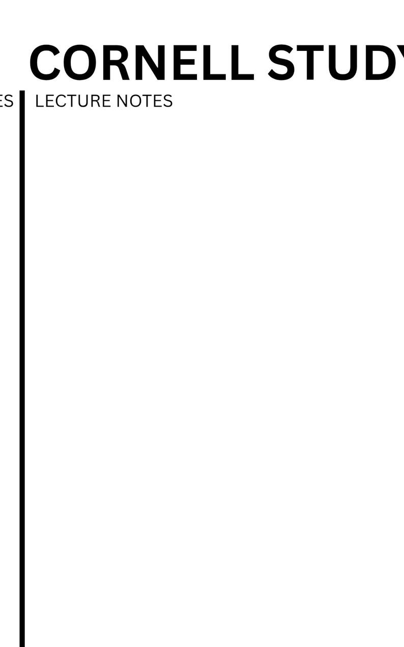 K&ouml;nnte beinhalten: Eine wei&szlig;e Cornell-Studienvorlage mit schwarzem Text am oberen Rand, der CORNELL STUDY und LECTURE NOTES lautet. Die Seite enth&auml;lt eine dicke vertikale schwarze Linie auf der linken Seite, die eine Spalte f&uuml;r Notizen bildet, sowie einen gro&szlig;en leeren Bereich.