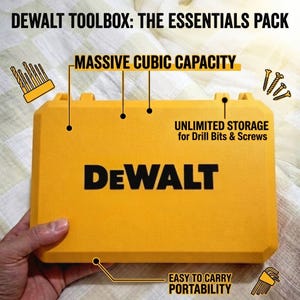 May include: A yellow DeWalt toolbox with the text DEWALT TOOLBOX: THE ESSENTIALS PACK, MASSIVE CUBIC CAPACITY, UNLIMITED STORAGE for Drill Bits & Screws, and EASY TO CARRY PORTABILITY. The case features illustrations of drill bits and screws.