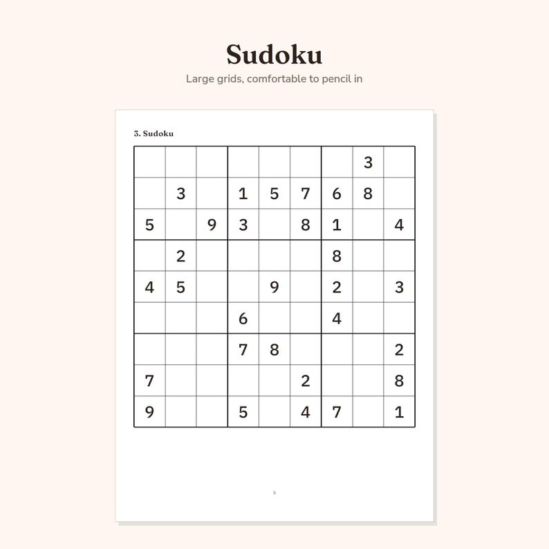 May include: A white page featuring a Sudoku puzzle with black grid lines and black numbers. The text at the top reads Sudoku and Large grids, comfortable to pencil in. The puzzle is labeled 3. Sudoku in the top left corner of the grid area.