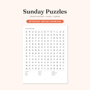 May include: A printable puzzle page titled Sunday Puzzles featuring word searches, mazes, and sudoku. The page displays a word search grid labeled 1. Slow Morning with a list of words including blanket, jam, quiet, steam, butter, kettle, radio, toast, coffee, newspaper, slipper, and window.