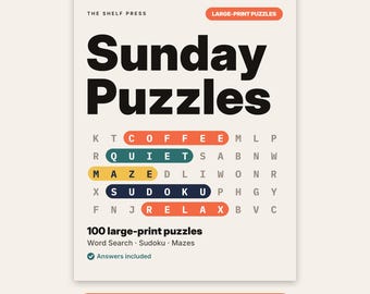 Sunday Puzzles Printable Puzzle Book, 100 Large Print Word Search, Sudoku and Maze Puzzles with Answers, PDF Instant Download