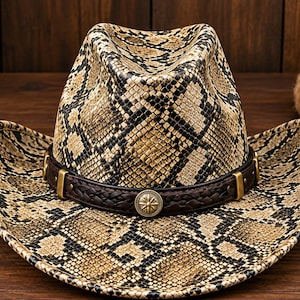 Könnte beinhalten: Ein Cowboyhut mit einem beigefarbenen und schwarzen Schlangenledermuster auf der Krone und der breiten Krempe. Der Hut ist mit einem dunkelbraunen, geflochtenen Lederband verziert, das goldfarbene Metallbeschläge und ein rundes Emblem besitzt.