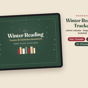 Può includere: Un tablet digitale che mostra un'interfaccia di monitoraggio della lettura invernale verde scuro con accenti di fiocchi di neve bianchi. Il testo include Bookmas, Winter Reading Tracker, calendario dell'avvento, bingo e libreria da colorare.