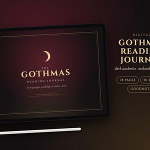 Puede incluir: Un diario de lectura digital mostrado en la pantalla de una tableta con un fondo burdeos oscuro. El texto dice: The Gothmas Reading Journal, for long nights, candlelight & darker stories. Incluye 78 páginas, 50 reseñas y Goodnotes.