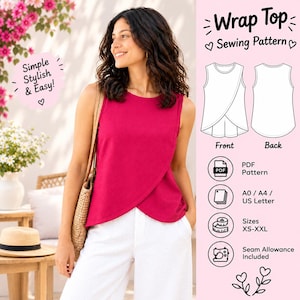 Puede incluir: Una blusa cruzada magenta sin mangas con dobladillo redondeado. La imagen incluye el texto Wrap Top Sewing Pattern, Simple Stylish & Easy!, PDF Pattern, A0 / A4 / US Letter, Sizes XS-XXL, Seam Allowance Included, con dibujos lineales de frente y espalda.