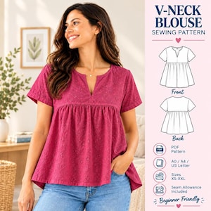 May include: A magenta eyelet fabric blouse with a V-neckline, short sleeves, and a gathered waistline. The side panel displays a V-Neck Blouse Sewing Pattern with front and back technical sketches, PDF format, A0/A4/US Letter sizes, XS-XXL.