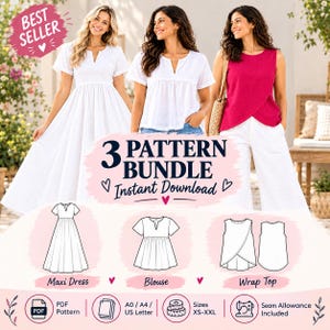 Puede incluir: Un paquete de 3 patrones de descarga digital que incluye un vestido largo, una blusa y un top cruzado. La imagen muestra dibujos técnicos de cada prenda, el texto 3 PATTERN BUNDLE Instant Download e iconos para PDF, A0/A4/US Letter, tallas XS-XXL y margen de costura.