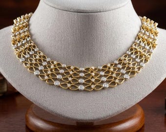 Collana girocollo 3D in oro giallo 18 carati e platino con diamanti da 10,19 carati – Gioiello scultoreo di grande impatto