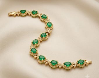 Bracciale tennis in oro giallo 14 carati con smeraldi e diamanti – Gioielli con pietre preziose verdi di alto carato