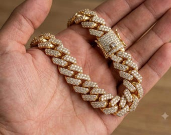 Bracciale da uomo Miami Cuban Link in oro giallo 14 carati con diamanti – 15,00 carati totali (20 cm)