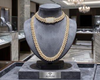 Collana tennis cubana in oro giallo 10 carati con diamanti, 52,45 carati totali, realizzata a mano.