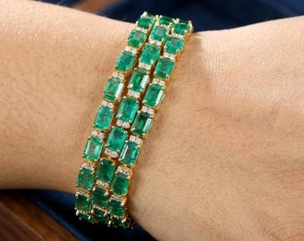 Bracciale a maglie in oro 14 carati con smeraldi e diamanti – Bracciale con gemma verde naturale