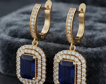 Orecchini a cerchio in oro giallo 14 carati, con diamanti naturali da 2,60 ct e zaffiri, gioielli da sposa.