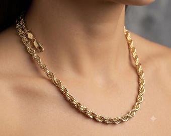 Collana a catena a corda in oro giallo 14 carati con taglio a diamante – 6 mm, 66 cm, 105,5 g (oro massiccio)
