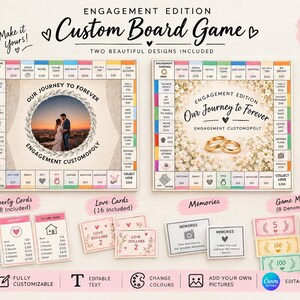 Pode incluir: Um conjunto de jogo de tabuleiro personalizado intitulado Engagement Edition, com dois designs de tabuleiro, 28 cartas de propriedade, 16 cartas de amor, cartas de memórias e dinheiro de jogo. Os tabuleiros incluem espaços para fotos e texto.