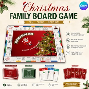 Pode incluir: Um jogo de tabuleiro com tema natalino, apresentando um tabuleiro retangular com centro vermelho, uma ilustração do Papai Noel e uma árvore decorada. Inclui pilhas de cartas vermelhas de sorte ou revés, cartas verdes, propriedades e dinheiro.