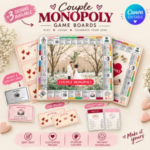 Może przedstawiać: Spersonalizowany zestaw do gry planszowej Couple Monopoly ze zdjęciem pary w centrum, kartami do gry i pieniędzmi. Plansza zawiera napisy takie jak Couple Monopoly, Memory i Love Notes. Zestaw zawiera karty własności i pionki.