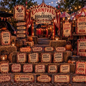 Könnte beinhalten: Eine Sammlung von Schildern im Vintage-Karnevalsstil mit Texten wie Carnival of Horrors, Prize Booth und Ticket Booth, präsentiert auf Strohballen mit Kürbissen, Laternen und rot-weiß gestreiften Stoffakzenten.