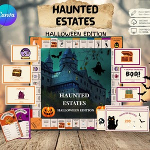 May include: A Haunted Estates Halloween edition board game set featuring a central game board with a dark castle illustration, orange pumpkins, and ghost graphics. Includes themed game cards, paper currency with a black cat, and game tokens.