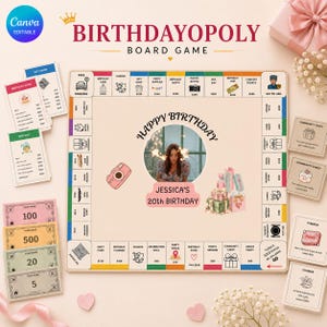 Peut inclure: Un jeu de société personnalisé Birthdayopoly comprenant un cadre photo circulaire central, un plateau de jeu avec des cases colorées, des piles de billets de jeu de 5, 20, 100 et 500, ainsi que des cartes de jeu Gift Shop et Community Chest.