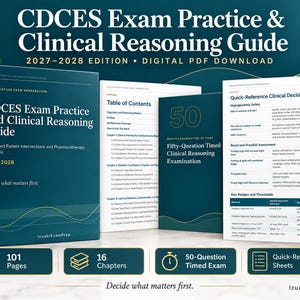 Könnte beinhalten: Ein digitaler PDF-Leitfaden mit dem Titel CDCES Exam Practice & Clinical Reasoning Guide 2027-2028 Edition. Das Set enthält ein Cover, ein Inhaltsverzeichnis, eine zeitgesteuerte klinische Prüfung mit 50 Fragen und klinische Entscheidungsblätter.