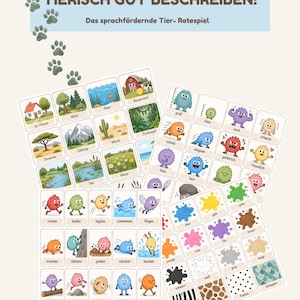 Könnte beinhalten: Ein Set aus Lernspielkarten mit dem Titel TIERISCH GUT BESCHREIBEN! Das sprachfördernde Tier- Ratespiel. Die Karten zeigen bunte Illustrationen von Landschaften, kleinen flauschigen Wesen mit verschiedenen Ausdrücken, Aktionen und Farben mit deutschen Textbeschriftungen.
