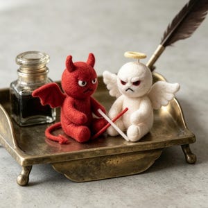 May include: A red felt devil figurine with horns and wings and a white felt angel figurine with wings and a halo sit on a brass tray. A glass inkwell and a dark feather quill pen are also on the tray. Both figures have angry facial expressions.