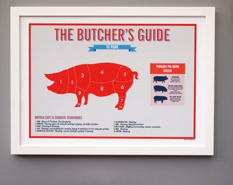 Butchers Pig Meat Cuts Print - Butcher diagram - pig print - gift for him - chef gift - butcher poster - pig gift - meat cuts - butchers