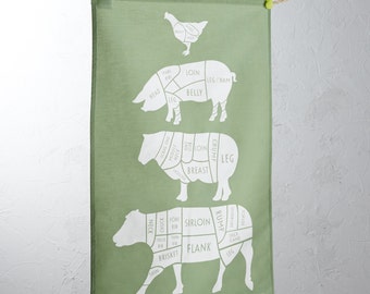 Butcher’s Meat Cuts Tea Towel - tea towel - gift for him - kitchen towel - kitchen gift - gift for dad - Green decor - butchers meat guide