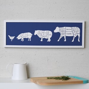 Large Butcher Print butcher poster butcher chart fathers day butcher diagram Long meat cuts print Gift for Dad Gift for chef Dark Blue