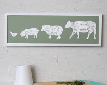 Large Butcher Print - butcher poster - butcher chart - fathers day - butcher diagram - Long meat cuts print - Gift for Dad - Gift for chef